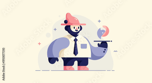 Stylized figure in business attire with whimsical hat, holding tray with object