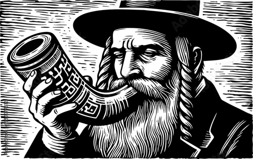 Portrait of an Orthodox Jewish man with beard blowing the Shofar. Detailed woodcut vector illustration of a Rabbi for Jewish holidays. Jewish religious tradition concept, man in a hat with ceremonial 
