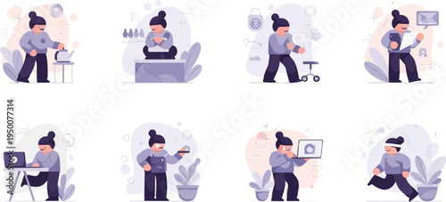 Pixelated cartoon person in various daily activities