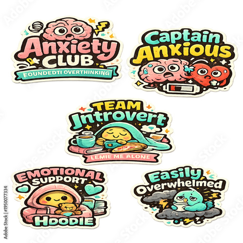 anxiety club sticker collection, anxiety club doodle stickers, mental health awareness sticker set, cute anxious character stickers, social anxiety cartoon collection, introvert mood sticker pack, rel