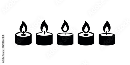 Burning tea light candle icons set in black silhouette style for spa and relaxation aromatherapy decorative fire flame elements for memorial or holiday