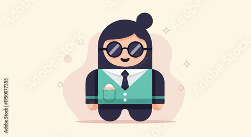 Stylized figure in glasses, tie, and vest on cream background