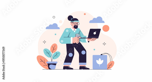 Person with laptop and drink, surrounded by plants and clouds