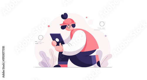 Stylized figure in hat and glasses interacts with a tablet device