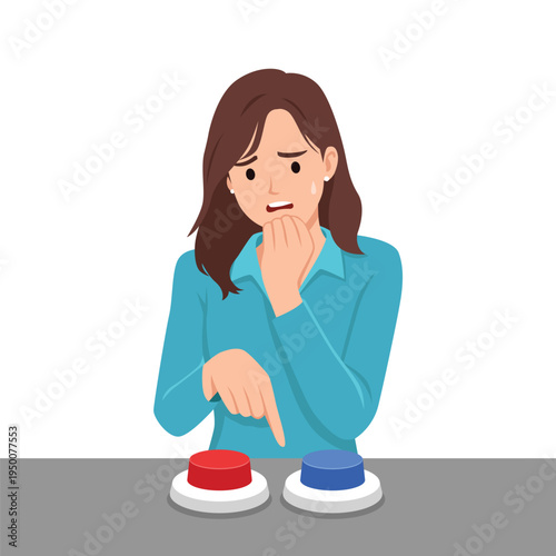 Nervous Woman Choosing Between Two Buttons Decision Making Concept. Flat vector illustration isolated on white background