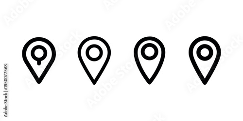 Set of four simple black location pin icons with varying circle sizes and pointed bottoms isolated on white background for map navigation and ui design use