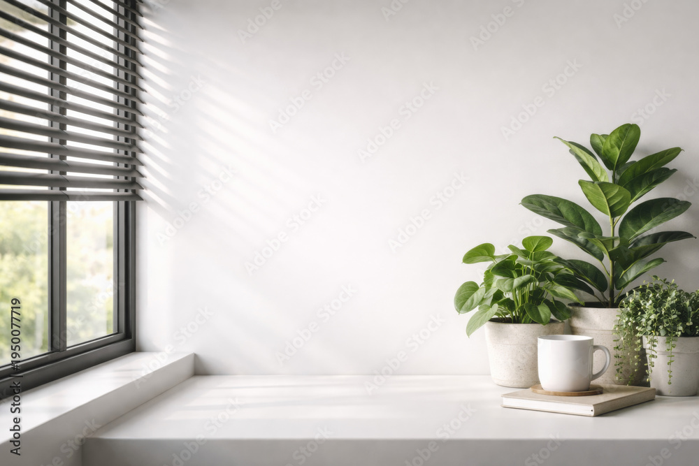 Fototapeta premium Minimalist home office desk with potted plants enjoying morning sunlight