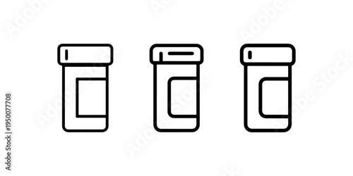 Three blank pill bottle icons in a row on white background, medical container outline graphics