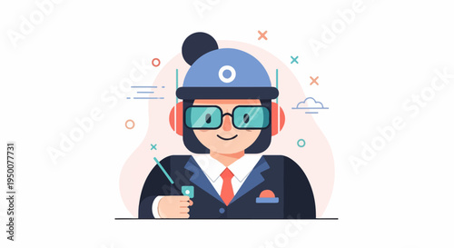 Person wearing headphones and glasses, holding a pointer, in a suit