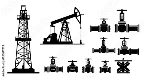 Oil Industry Silhouette - Derrick, Pumpjack, and Valves for Energy Production.