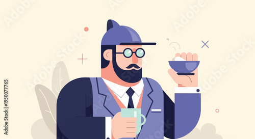 Stylish man in hat and suit enjoys a hot drink with a snack