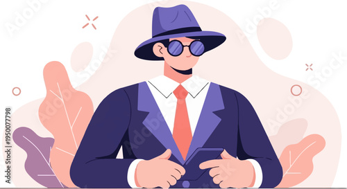 Stylish man in hat and suit looking at phone amidst abstract floral design