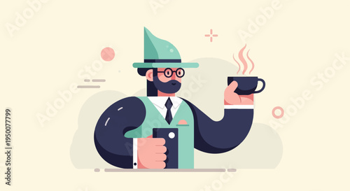 Stylish man in hat and suit holds phone and hot drink