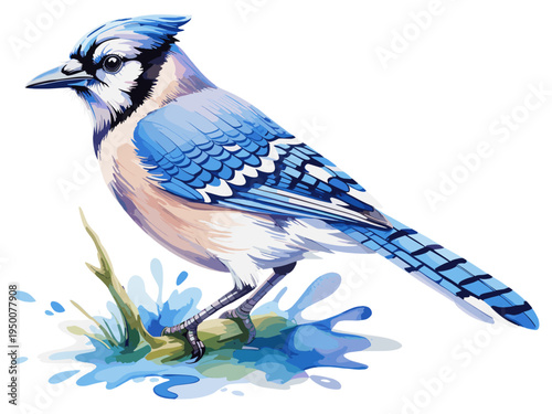 Watercolor illustration of a blue jay bird with bright blue feathers standing above soft paint splash