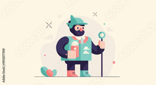 Stylized figure in outdoor attire, holding a staff, with abstract elements