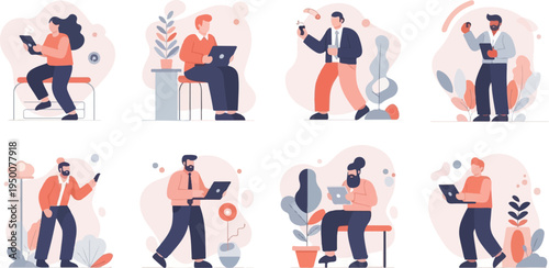 Stylized illustrations of people interacting with digital devices in a modern setting