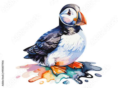 Watercolor illustration of a puffin bird with colorful beak standing above vibrant paint splash