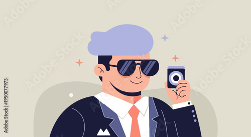 Stylish man in suit and sunglasses holds camera, taking picture