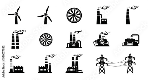 Black and White Energy and Industry Icons Set Depicting Power Generation and Manufacturing.