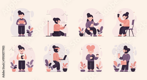 Stylized illustrations of people using technology and enjoying beverages