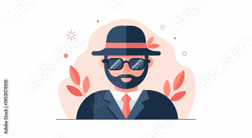 Stylish man with beard, hat, sunglasses, and suit against abstract background