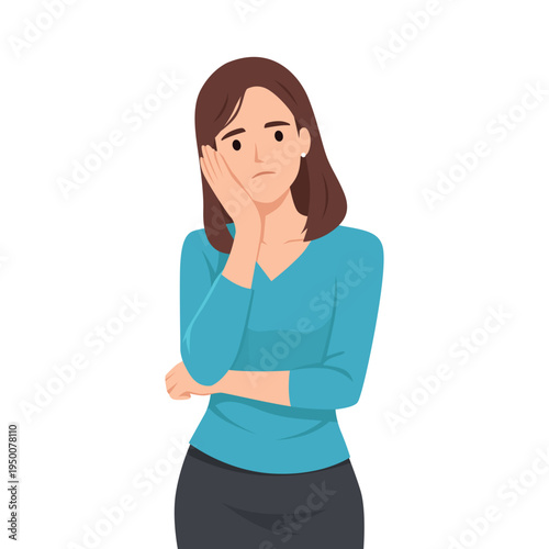 Worried Tired Woman Holding Her Cheek Feeling Stress and Fatigue. Flat vector illustration isolated on white background