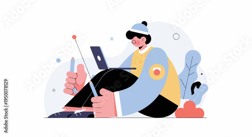 Person with laptop and stylus sits amidst abstract shapes and plants