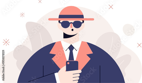 Stylized figure in suit, hat, and sunglasses holds smartphone, surrounded by abstract shapes and X marks