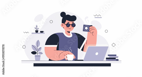 Person with laptop, coffee, and camera working or relaxing in a modern setting