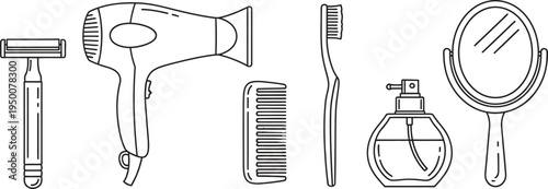 Various personal care and grooming items illustrated as simple outline vector icons ideal for health beauty and daily routine applications