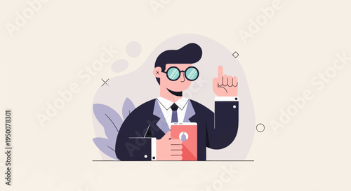 Stylized man in suit with glasses holds phone, gestures idea