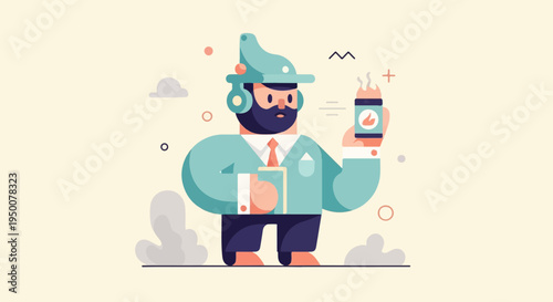 Stylized man in suit with headphones, holding a steaming cup and book