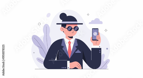 Stylized man in suit holding smartphone showing messaging icon