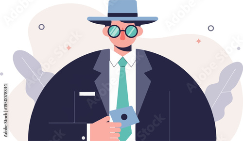 Stylish person in suit, hat, and glasses holds a card