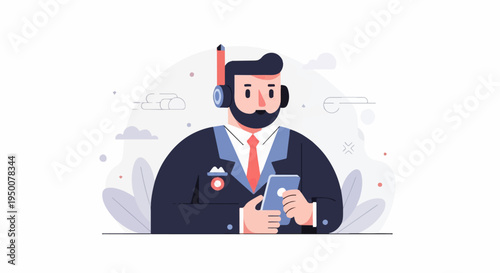 Stylized man in suit with headset and phone, abstract background