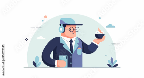 Stylized man in suit with headphones, holding phone and dessert