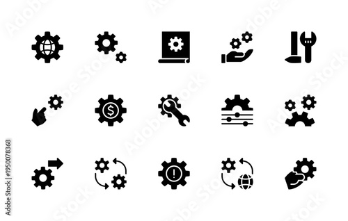 Cogwheels vector silhouette icons set. Isolated icon collection such as system, drawing, tools, design, workflow, cog, mechanism, rotation, gear and more.