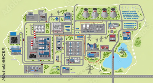 Detailed Overhead View of a Large Industrial Power Plant.