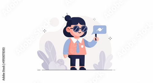 Stylized character in sunglasses and tie holds a speech bubble with a symbol