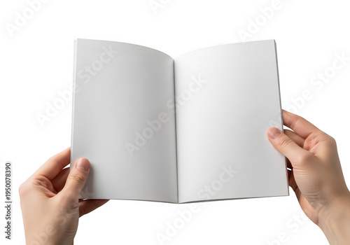 Open book held by hands displaying blank pages on transparent background