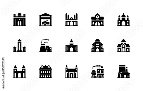 Building and structures vector silhouette icons. Isolated icon collection of buildings mosque, garage, chapel, church, monument, factory and more.