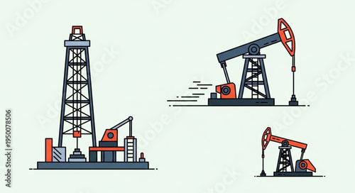 Oil Industry - Depiction of Oil Rigs and Pumpjacks in Vector Art.