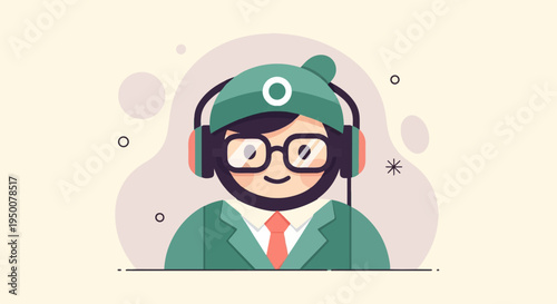 Stylized animated character with headphones and tie, set against abstract background