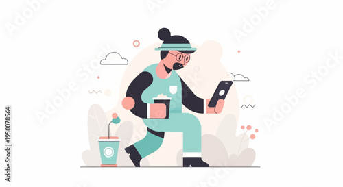 Stylized figure with coffee and phone walks in abstract landscape