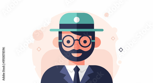 Stylized man wearing a hat, glasses, suit, and tie against soft abstract shapes
