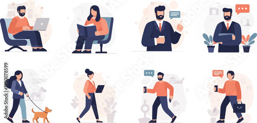 Stylized flat illustrations depict diverse individuals engaged in daily work and leisure activities