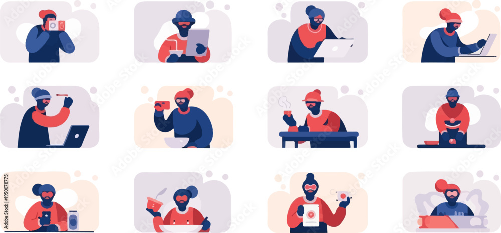 Fototapeta premium Pixelated people engage in various activities like photography, dining, and technology use