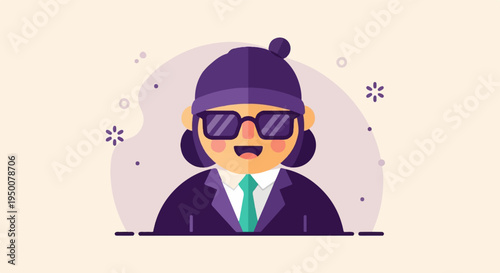 Stylized cartoon figure in a suit and beanie, wearing sunglasses