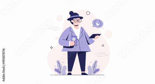 Stylized figure with tablet and book, surrounded by abstract shapes and plants