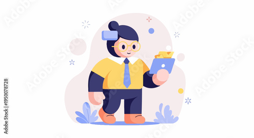 Stylized figure with VR headset holding a tablet and data